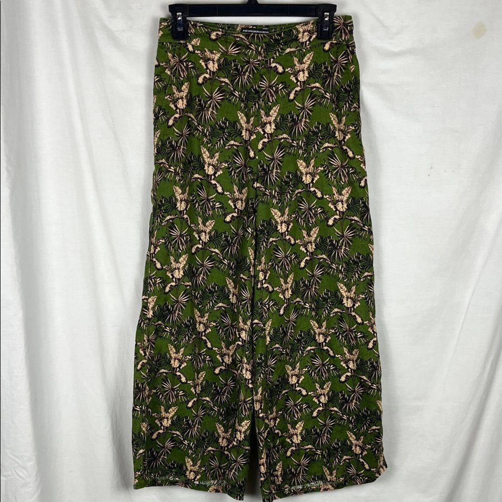 Tahari 100% Linen Green Floral Tropical Cropped Wide Leg Pants